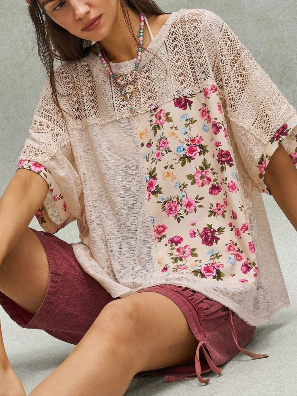 Apricot Casual Women's Knit Patchwork Round Neck Loose Short Sleeve T-Shirt
